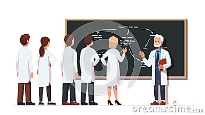 Professor solving scince problem with student team Vector Illustration