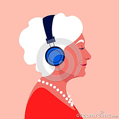 Elder woman listen to music on headphones. Music therapy. Grandmotherâ€™s profile. Vector Illustration