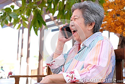 Elder woman talk on mobile phone in garden. elderly female speak Stock Photo