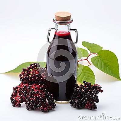 Elderberry syrup in a bottle, front view of ready to take-in syrup ripe elderberries. generative ai Stock Photo