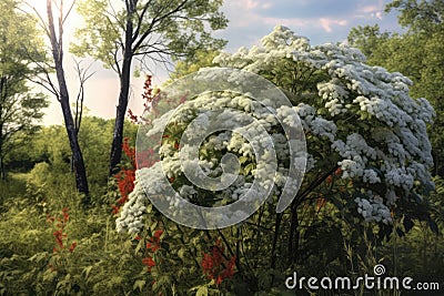 Elderberry tree with red berries and white flowers, created using generative ai technology Stock Photo