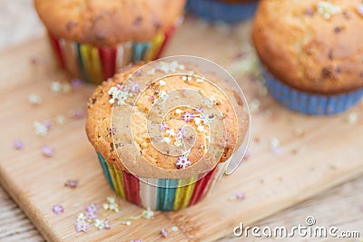 Elderflower muffin at an angle with two muffins blurred in background Stock Photo