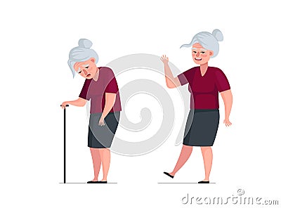 Elderly active joyful and unhealthy sick pensioner comparison. Healthy happy and sad tired old age concept. Weakness Vector Illustration