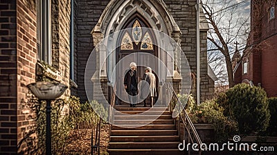 Elderly Adult Couple Arriving At A Neighborhood Church for Services - Generative AI Stock Photo