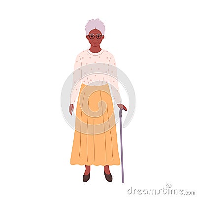 Elderly african american gray-haired woman in eyewear and stylish cloth with cane. Smiling senior granny in modern Cartoon Illustration