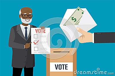 Elderly african american man votes in an election or referendum. Ballot box. Corruption, bribery of voters Vector Illustration