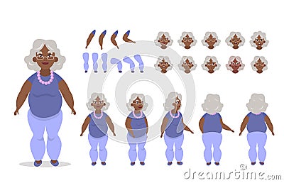 Elderly African American woman character constructor for animation with various views, poses, gestures, emotions Vector Illustration