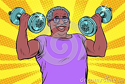 Elderly african man lifts dumbbells, fitness sport Vector Illustration
