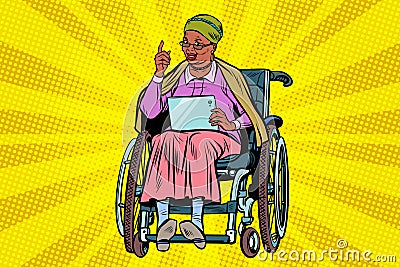 Elderly African woman disabled person in a wheelchair, gadget ta Vector Illustration