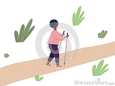 Elderly african woman is engaged in Nordic walking with sticks on path in the park. Old plump fashionable black woman walk on foot Vector Illustration