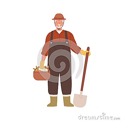 Elderly agrarian, old farmer in work dungarees standing with shovel, vegetable basket. Retired man, seasonal harvest Vector Illustration