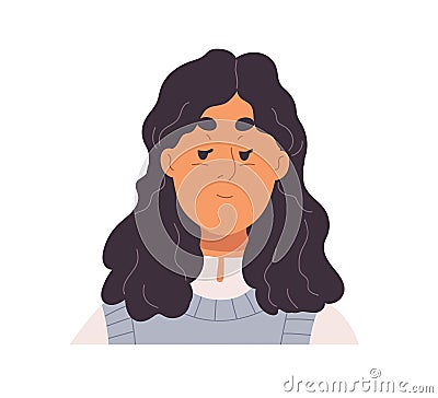 Elderly Asian woman with shy and humble face expression. Modest senior female looking down, portrait. Lady of old age Vector Illustration