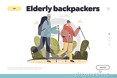 Elderly backpackers concept of landing page with senior couple of hikers travel with backpack Vector Illustration