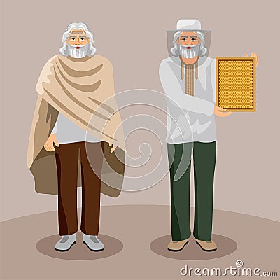 Elderly bearded man in modern clothes. Beekeeper with a honeycomb in his hands. Two characters on a background. Grandpa Vector Illustration