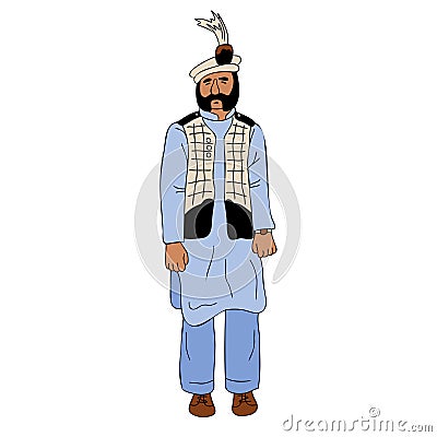 Elderly bearded man wearing the national dress of Pakistan. Shalwar kameez and Sherwani, old man portrait Vector Illustration