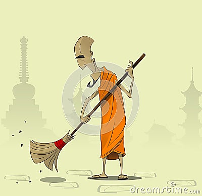 Elderly Buddhist monk sweeps the courtyard of the monastery Vector Illustration