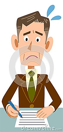 Elderly businessman filling out documents with a troubled expression Vector Illustration