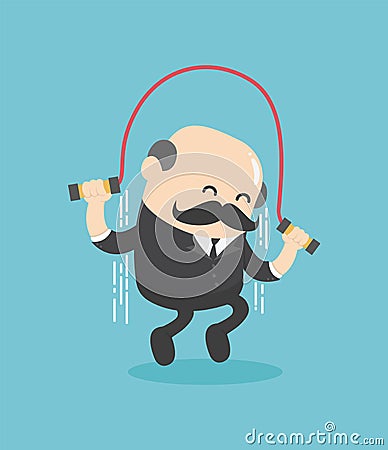 Elderly businessman who is jumping rope with strength showing potential for work Vector Illustration