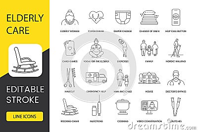 Elderly care in nursing home line icons set in vector, elderly man and medical suitcase, board games and medication control, Vector Illustration
