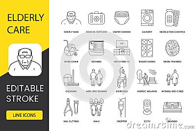 Elderly care in nursing home line icons set in vector, elderly man and medical suitcase, board games and medication Vector Illustration