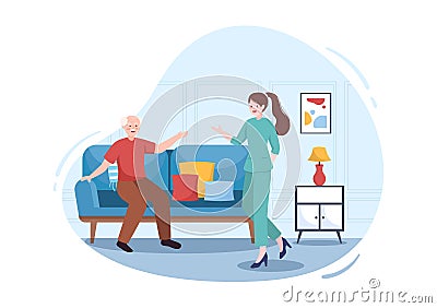 Elderly Care Services Hand Drawn Cartoon Flat Illustration with Caregiver, Nursing Home, Assisted Living and Support Design Vector Illustration