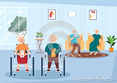 Elderly Care Services Hand Drawn Cartoon Flat Illustration with Caregiver, Nursing Home, Assisted Living and Support Design Vector Illustration
