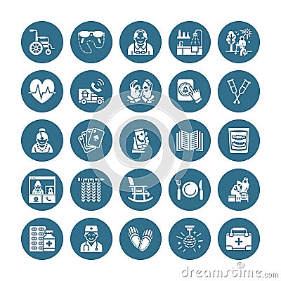 Elderly care vector flat glyph icons. Nursing home elements old people activity, wheelchair, health check, hospital call Vector Illustration