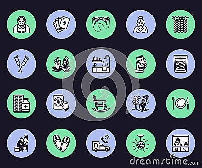 Elderly care vector flat line icons. Nursing home - old people activity, wheelchair, health check, hospital call button Vector Illustration