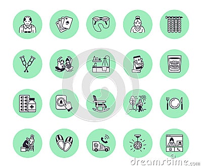 Elderly care vector flat line icons. Nursing home - old people activity, wheelchair, health check, hospital call button Vector Illustration