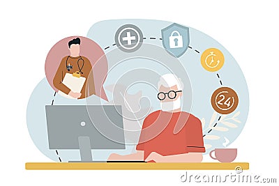 Elderly consults with online doctor on internet. Video call with physician. Grandfather calling to specialist. Medical Vector Illustration