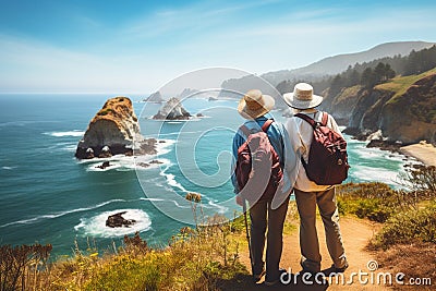 Elderly Couple Admiring Coastal Beauty, senior tourists hiking Stock Photo