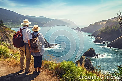 Elderly Couple Admiring Coastal Beauty, senior tourists hiking Stock Photo