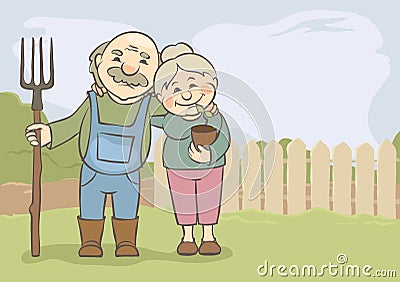 Elderly couple do gardening Vector Illustration