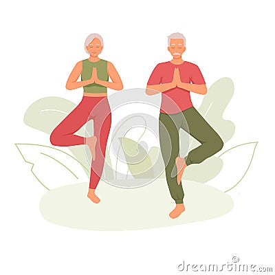 Elderly couple doing asanas together. Male and female character standing in tree pose, yoga Vector Illustration