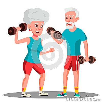 Elderly Couple Doing Sports With Dumbbells Together Vector. Isolated Illustration Vector Illustration