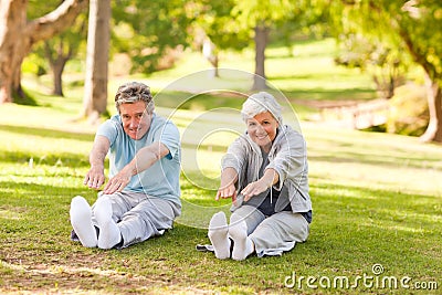 Elderly couple doing their stretches in the park Stock Photo