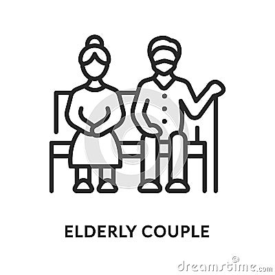 Elderly couple flat line icon. Vector illustration grandparents sitting on a bench. Pensioners Vector Illustration