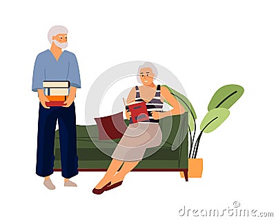 Elderly couple. Hand drawn old people reading book. Vector cartoon characters Vector Illustration