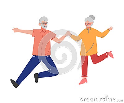 Elderly Couple Happily Jumping Holding Hands, Grandfather and Grandmother Having Fun Together Vector Illustration Vector Illustration