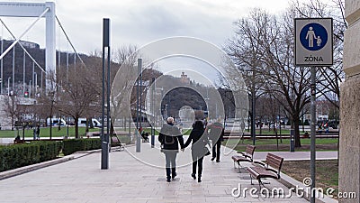 Elderly couple holding hands in Budapest Editorial Stock Photo