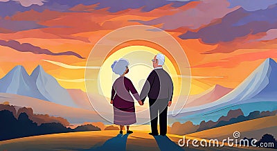 Elderly couple holding hands, taj mahal , sunset, bright sky with background, sunset art Stock Photo