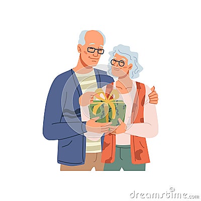 Elderly couple husband giving present box to wife Vector Illustration