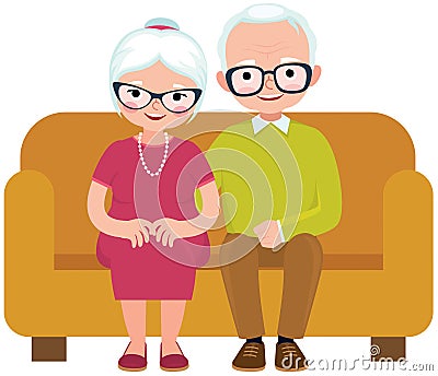Elderly couple husband and wife sitting on couch embracing Vector Illustration