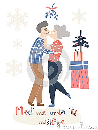 An elderly couple in love kisses under a mistletoe. Christmas card Vector Illustration