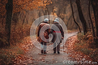 Elderly Couple in Love Walking Along the Autumn Street extreme closeup. Generative AI Stock Photo