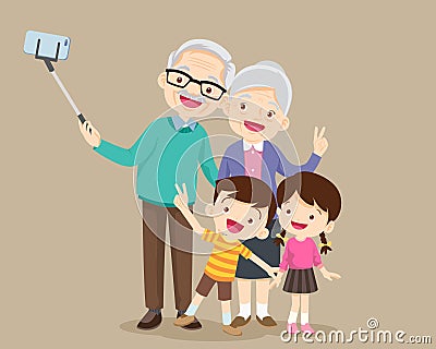 Elderly couple making selfie photo with smartphone Vector Illustration