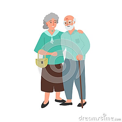 Elderly couple. Old caucasian bearded man and woman cartoon flat design illustration. Happy family. Vector picture Vector Illustration