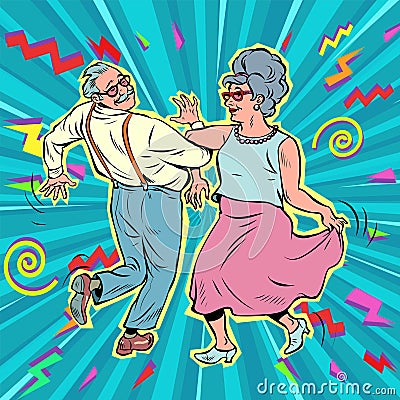 elderly couple old man and old lady dancing. pensioners rest. life style. music and art Cartoon Illustration