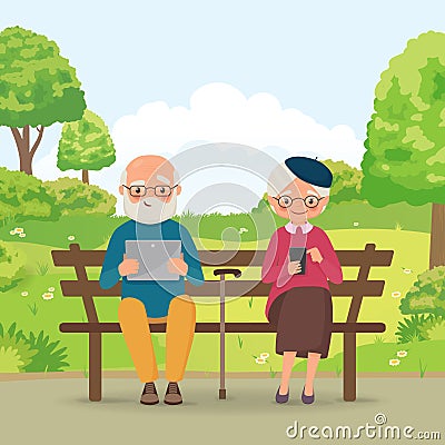 Elderly couple in the park with gadgets Vector Illustration