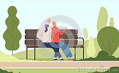 Elderly couple park. Seniors happy grandfather grandmother sitting on bench old family in summer nature city park vector Vector Illustration